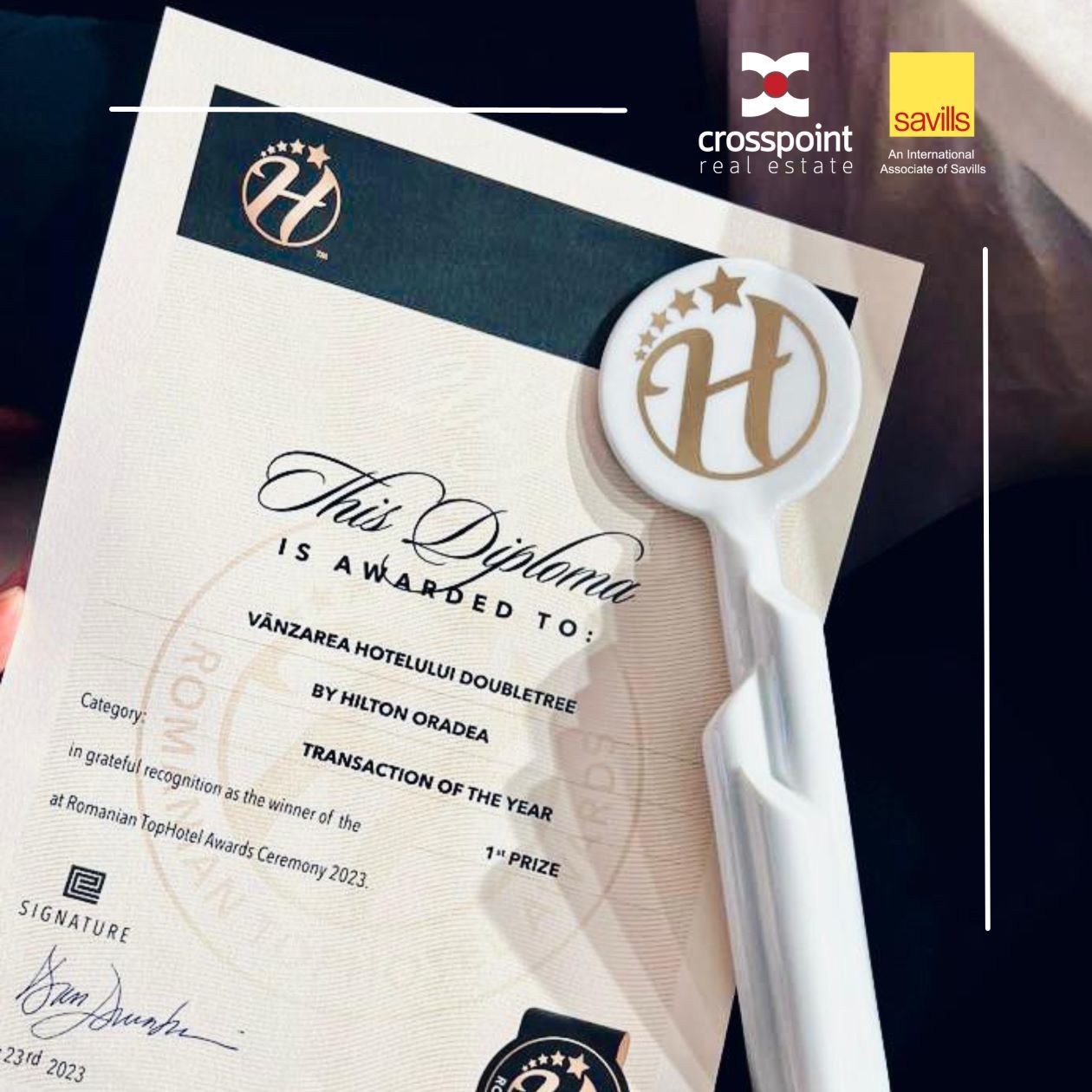 The sale of the DoubleTree by Hilton Oradea Hotel was awarded the “Transaction of the Year” prize at the TopHotel Gala